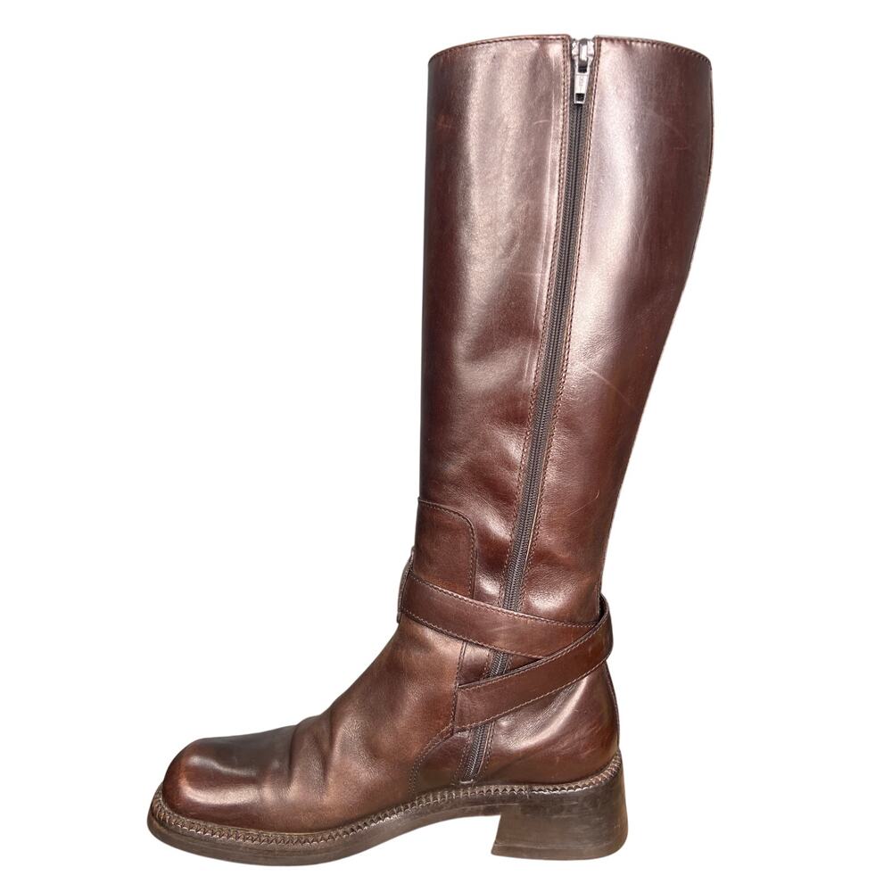Prada Women’s Brown Leather Block Heel Riding Boot Size 38.5 US 8.5 - Picture 2 of 11